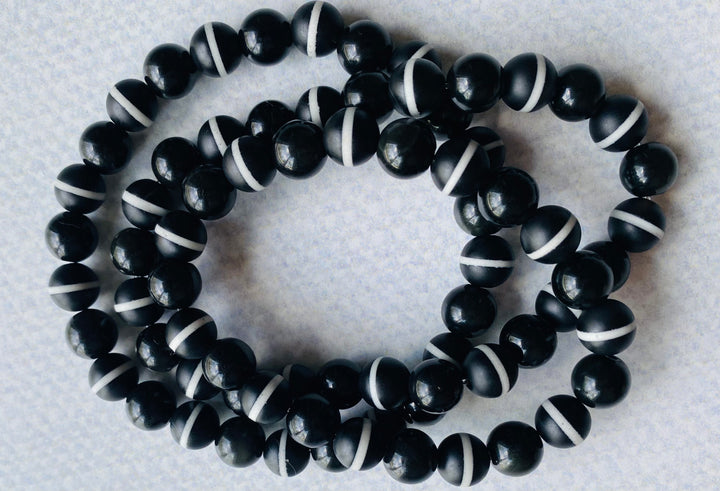 Striped Dzi Agate & Black Obsidian Bracelet